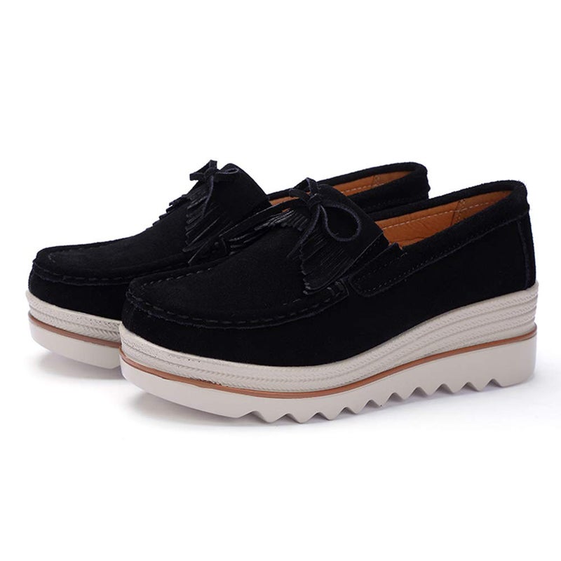 Ruiatoo Women Loafers & Slip-ons Platform Comfort Suede Low Top Moccasins with Tassel Casual Platform Dress Shoes (2017,Black 37) - Image 4